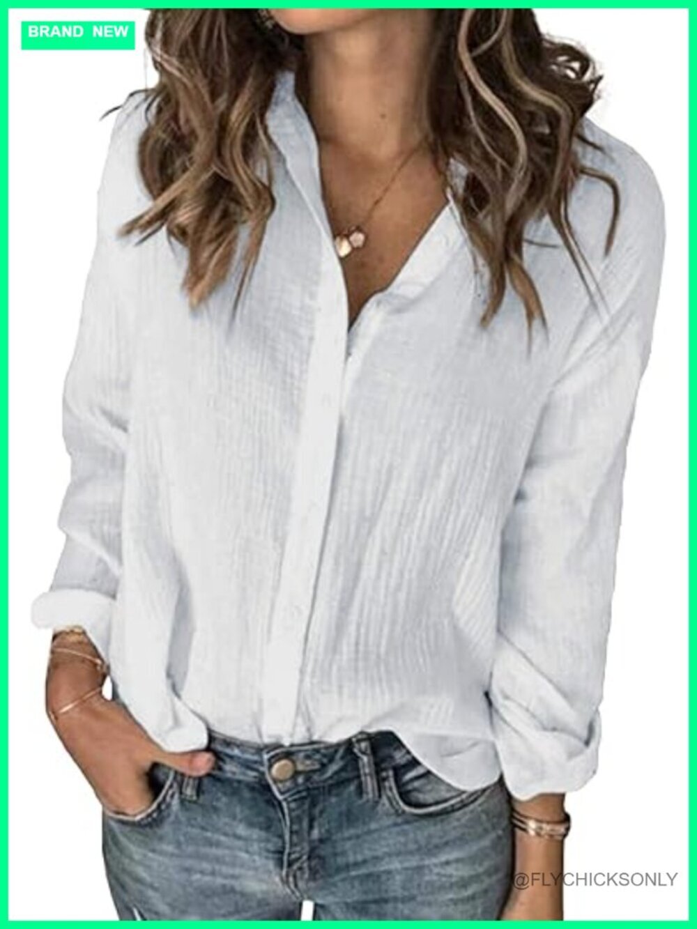 Women's Loose Fit Long Sleeve Button Down Cotton Linen Blouse V-Neck